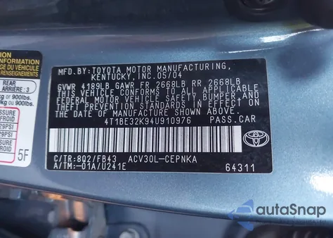 2004 Toyota Camry Le из США, поврежденный, VIN 4T1BE32K94U910976